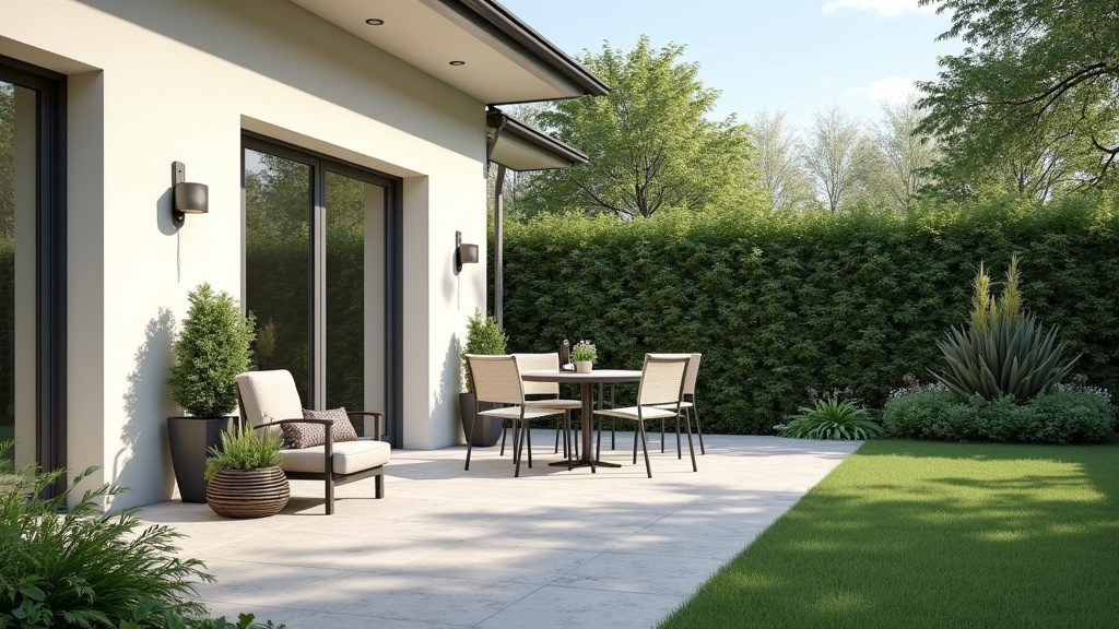 Aménagement extérieur avec borne électrique intégrée dans un jardin à Bouliac