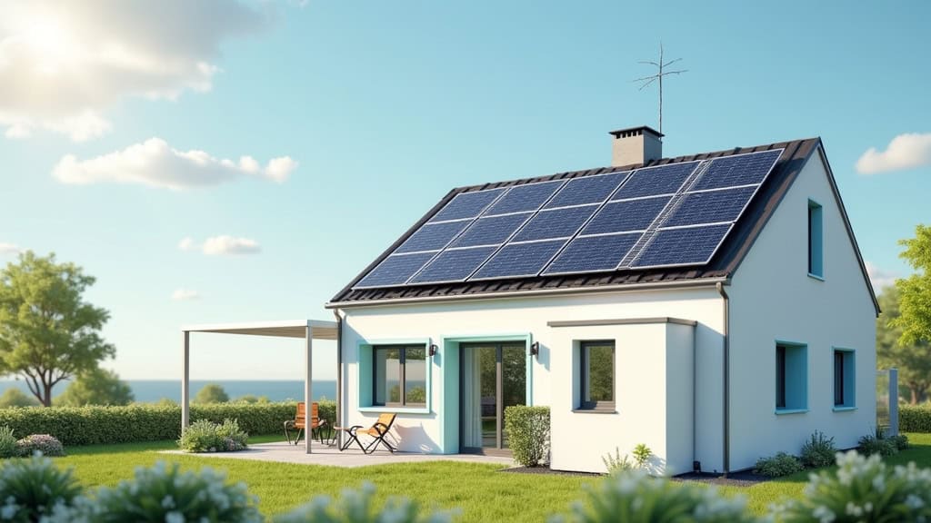 Borne de recharge électrique connectée à un système photovoltaïque, avec panneaux solaires sur le toit d