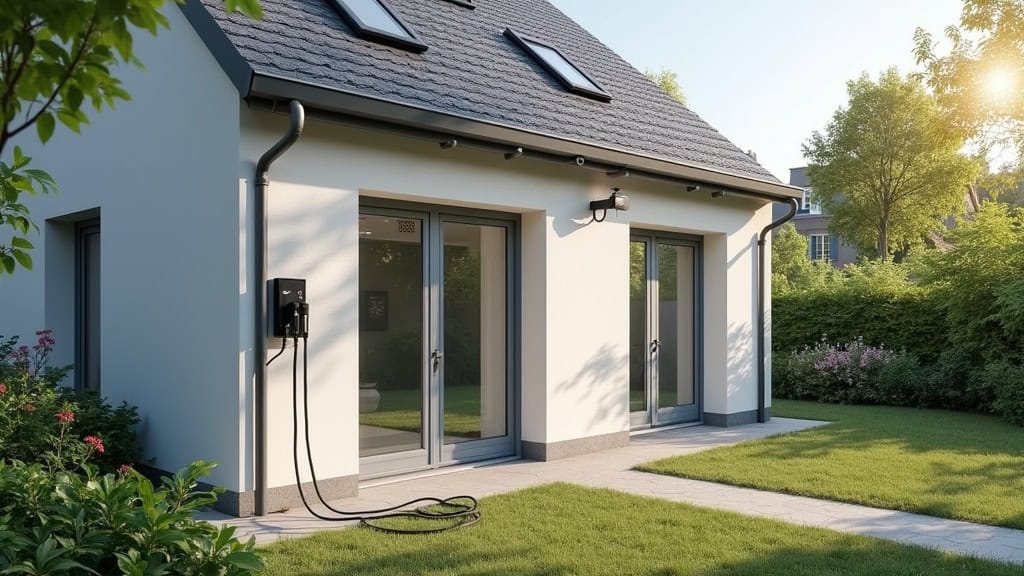 Borne de recharge électrique connectée installée devant une maison à Vézelois