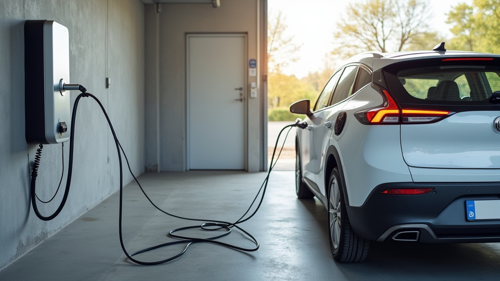 Borne de recharge électrique installée dans un garage à Abeilhan, connectée à une voiture électrique en charge