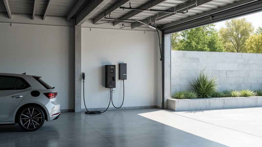Borne de recharge électrique installée dans un garage à Luriecq avec câblage sécurisé et protection IP54