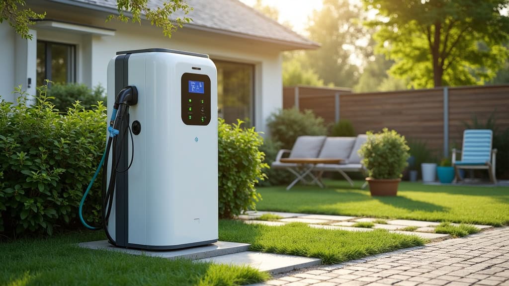 Borne de recharge électrique installée dans un jardin à Cléden-Poher
