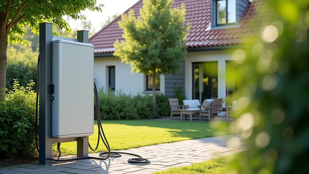 Borne de recharge électrique installée dans un jardin à Sainte-Suzanne-et-Chammes