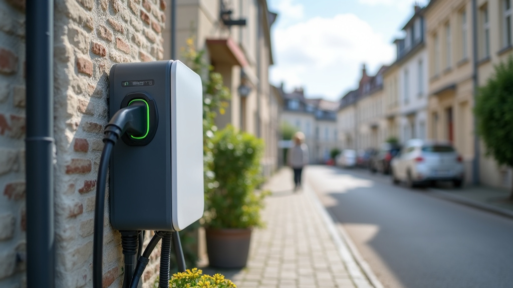 Borne de recharge électrique installée dans une rue de Honfleur