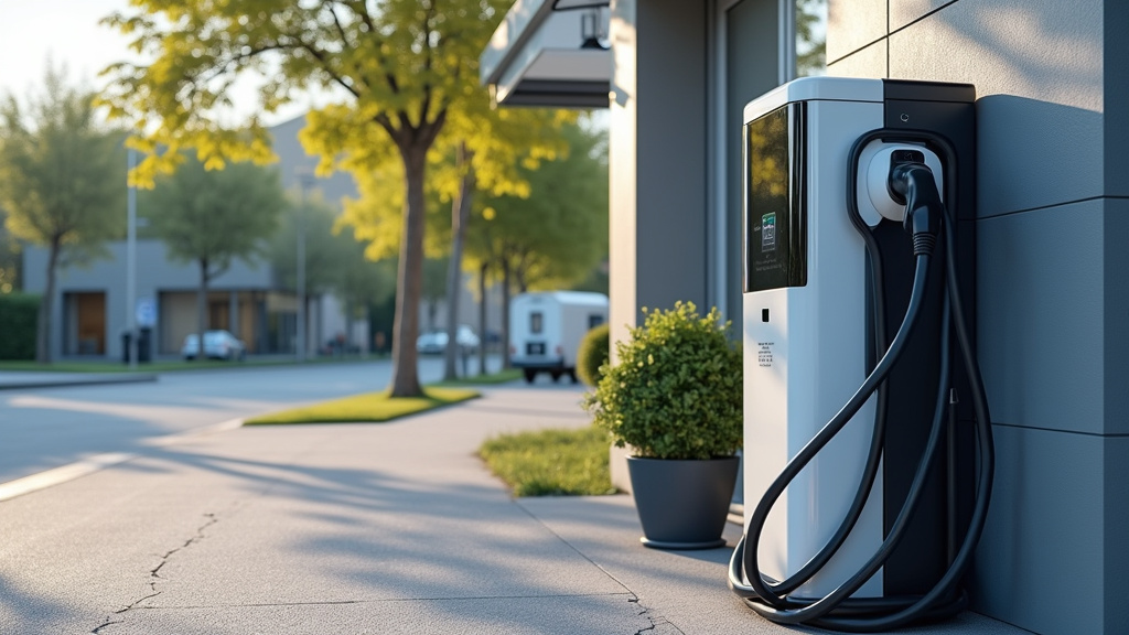 Borne de recharge électrique installée devant un local commercial à Lanvollon