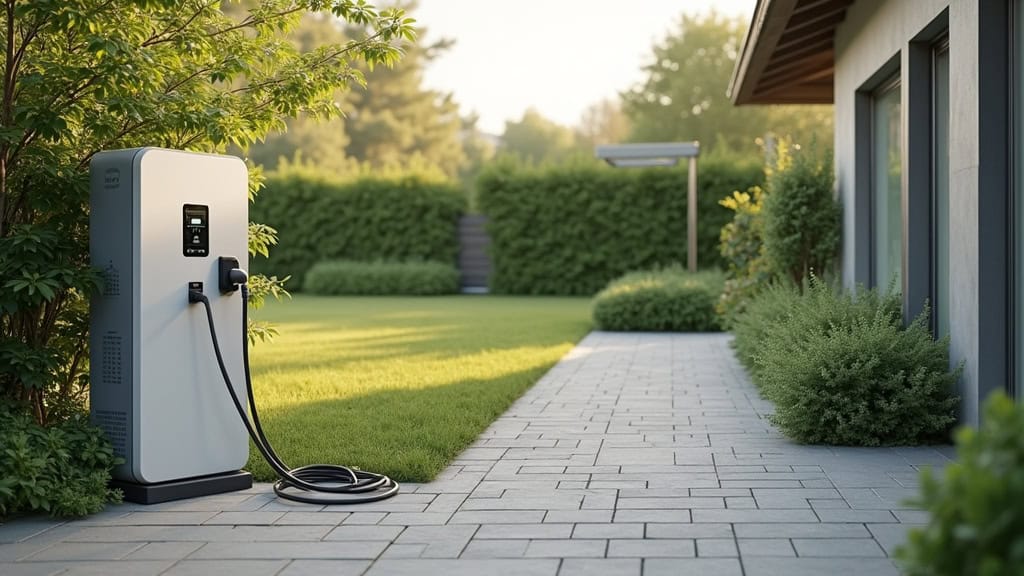 Borne de recharge électrique installée et en fonctionnement dans un jardin à Saint-Jean-du-Pin