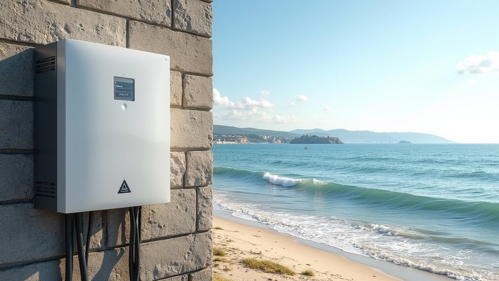 Borne de recharge électrique installée sur un mur en pierre à Fos-sur-Mer, en bord de mer, avec vue sur la Côte Bleue, en journée ensoleillée