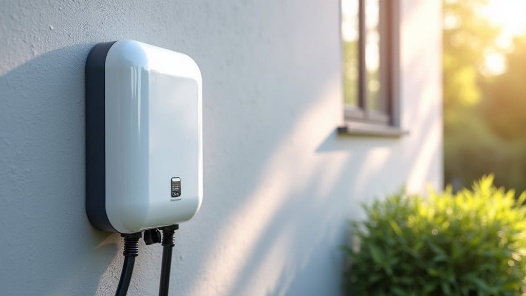 Borne de recharge électrique installée sur un mur extérieur, avec câble de recharge et panneau de sécurité visible à Montville