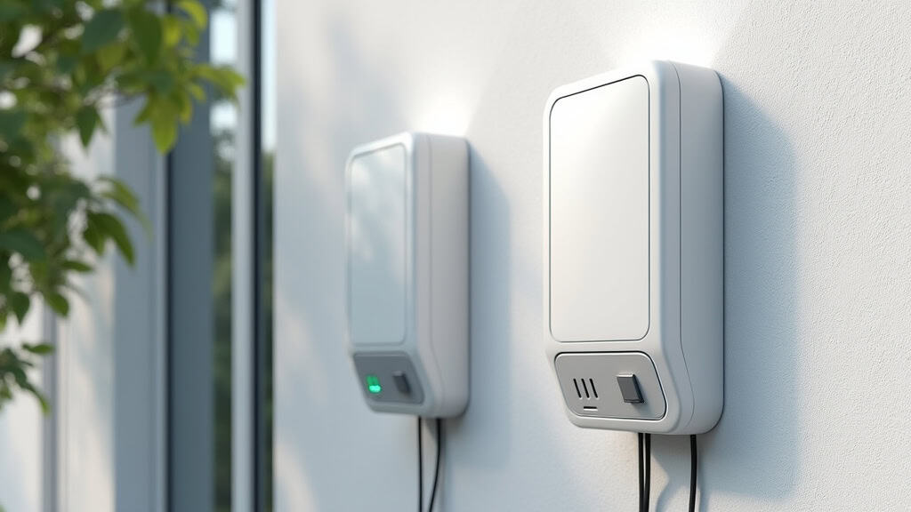 Borne de recharge électrique installée sur un mur extérieur d