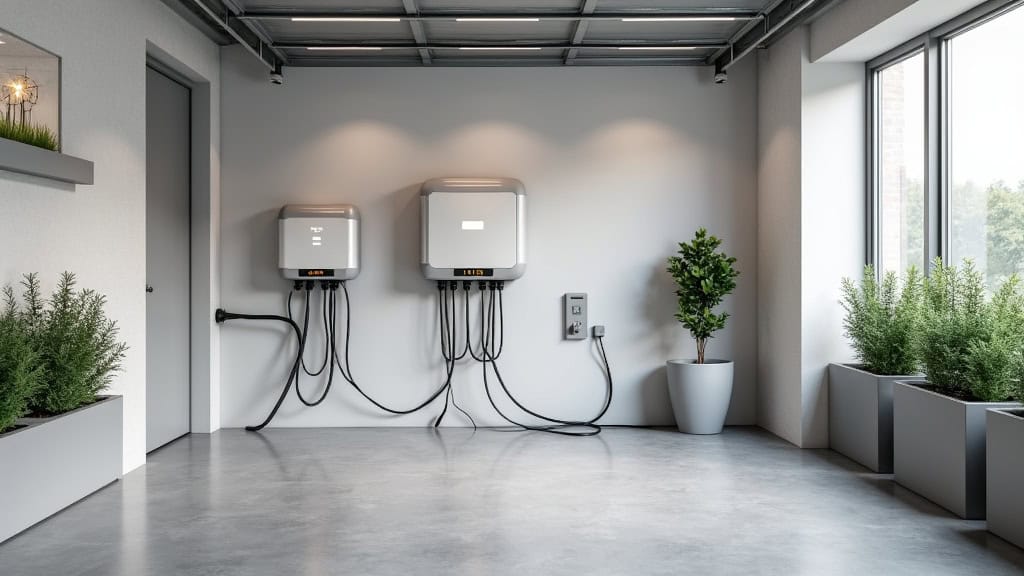 Borne de recharge électrique murale installée dans un garage à La Copechagnière, avec câblage sécurisé et tableau électrique visible