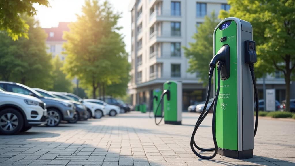 Borne de recharge électrique publique située place de la mairie à La Balme-les-Grottes
