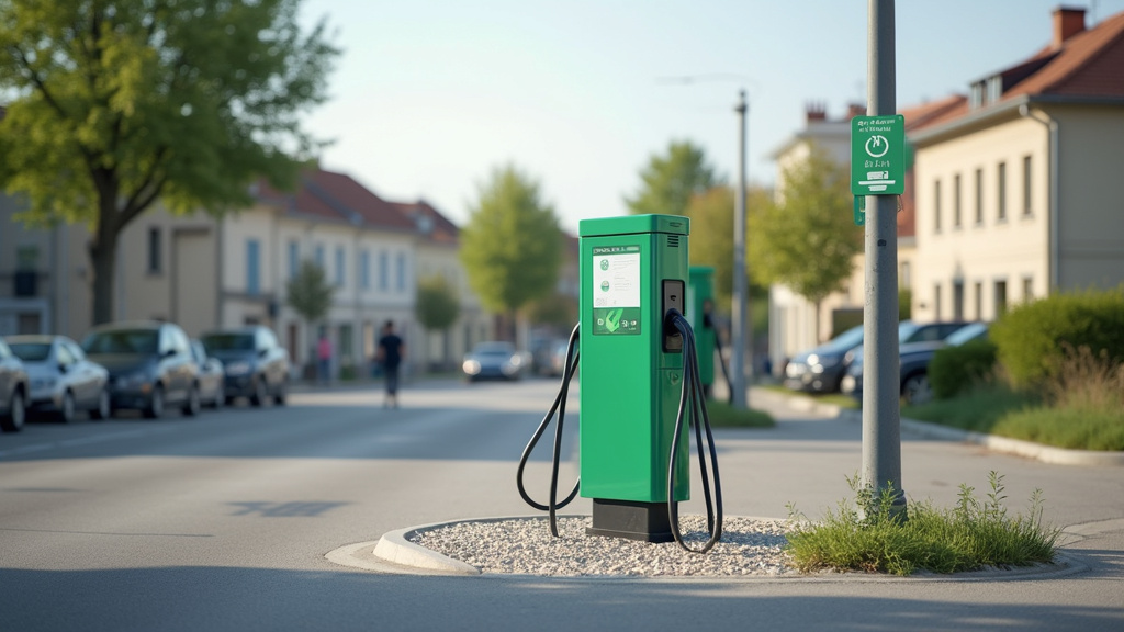 Borne de recharge électrique publique située rue de la Baronnie à Saint-Lubin-des-Joncherets