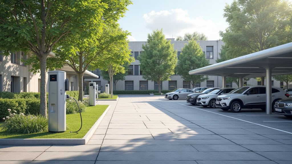 Borne de recharge électrique publique située sur le parking du Centre Culturel du Coglais à Montours