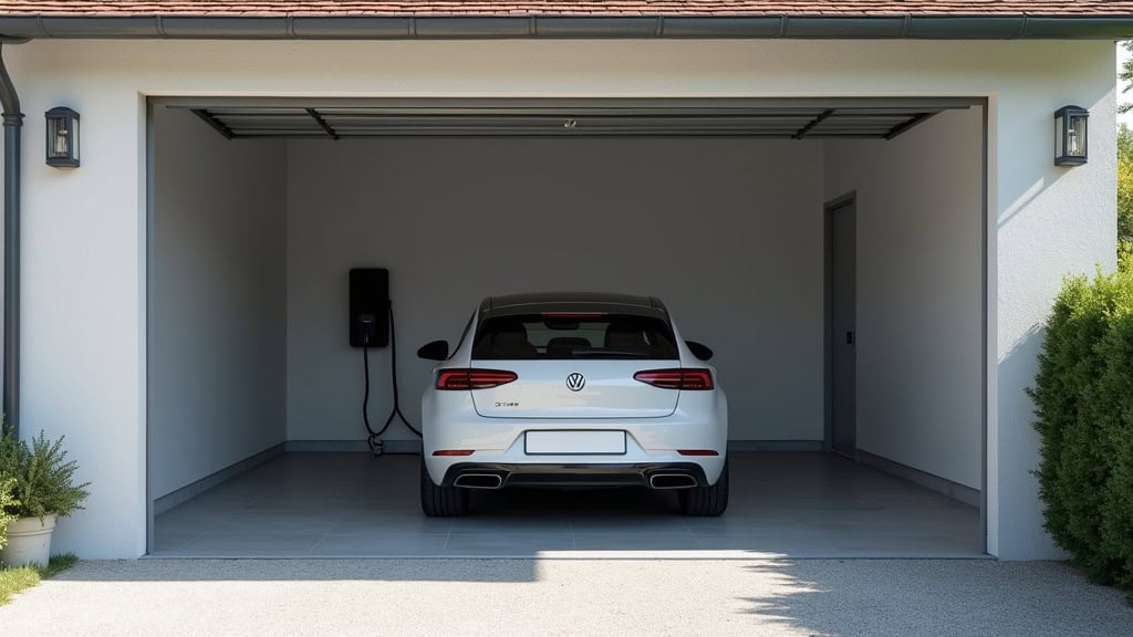 Borne de recharge installée dans un garage à Ploeren, avec câble roulé et prise Type 2 visible