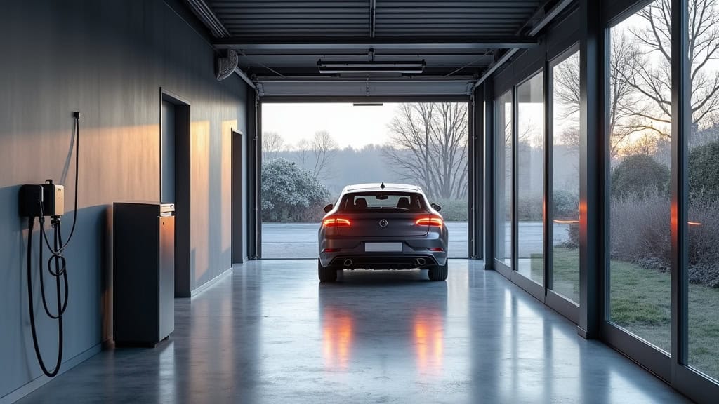 Borne de recharge installée dans un garage à Thiverny, avec câblage discret et prise Type 2 visible