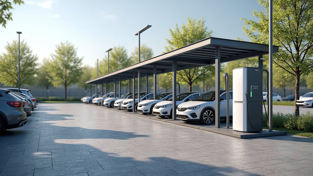 Borne de recharge installée dans un parking collectif à Longueil-Sainte-Marie