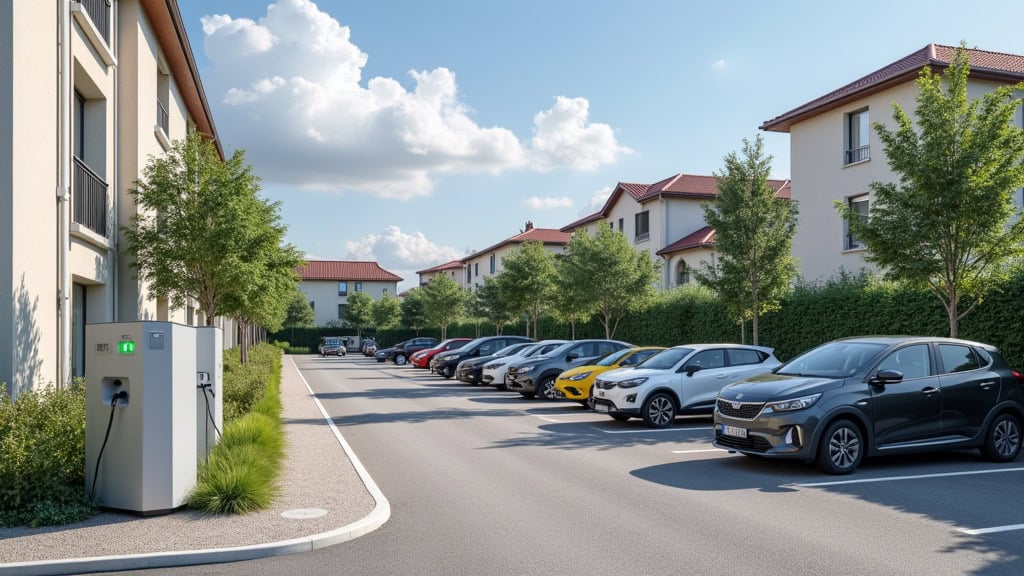 Borne de recharge installée dans un parking de copropriété au Havre
