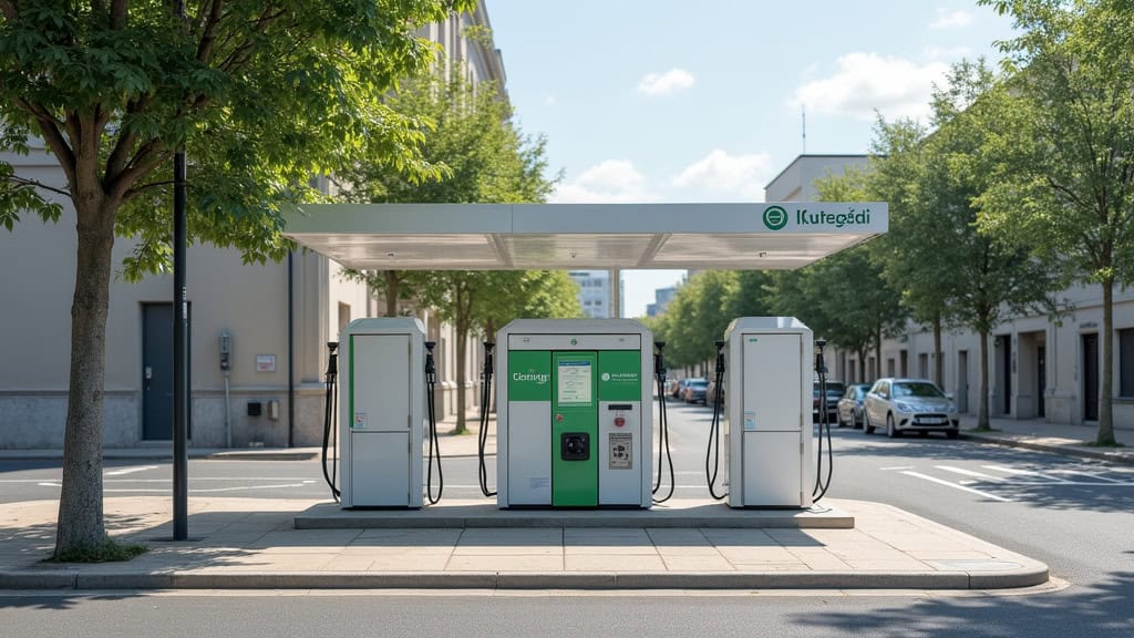 Borne de recharge publique installée en rue à Sainte-Suzanne-et-Chammes