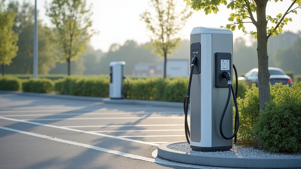 Borne de recharge publique installée sur un parking extérieur à Ploeren, avec visuel de puissance et type de prises