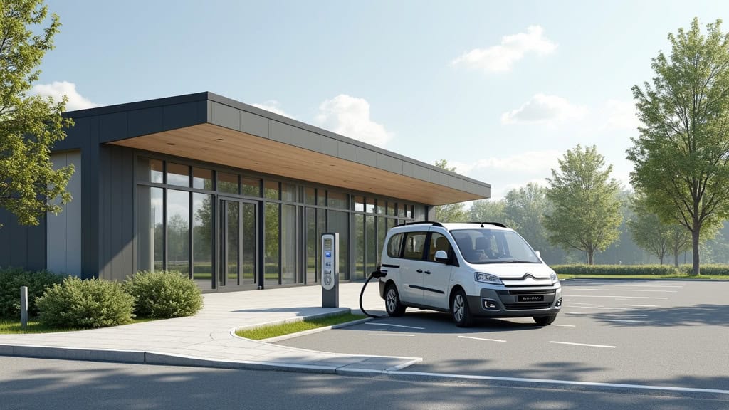 Borne de recharge publique située face au collège de Saint-Héand, avec un véhicule électrique en charge