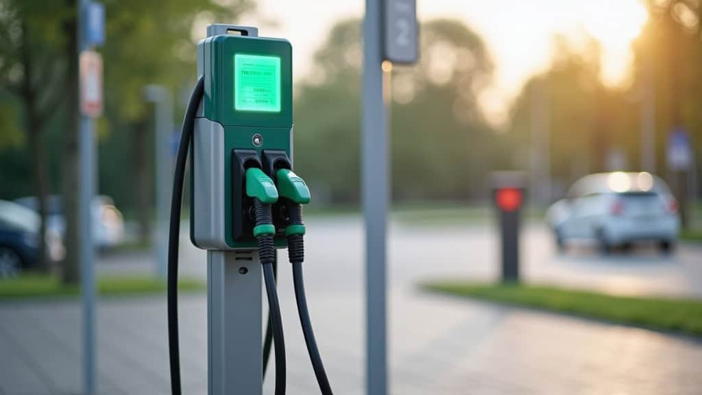 Borne de recharge publique située Place du Sabotier à Larchamp, avec deux connecteurs Type 2 en panne