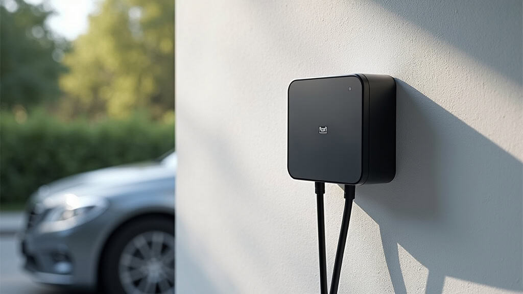 Borne de recharge Wallbox installée sur un mur de garage avec câble connecté à un véhicule électrique