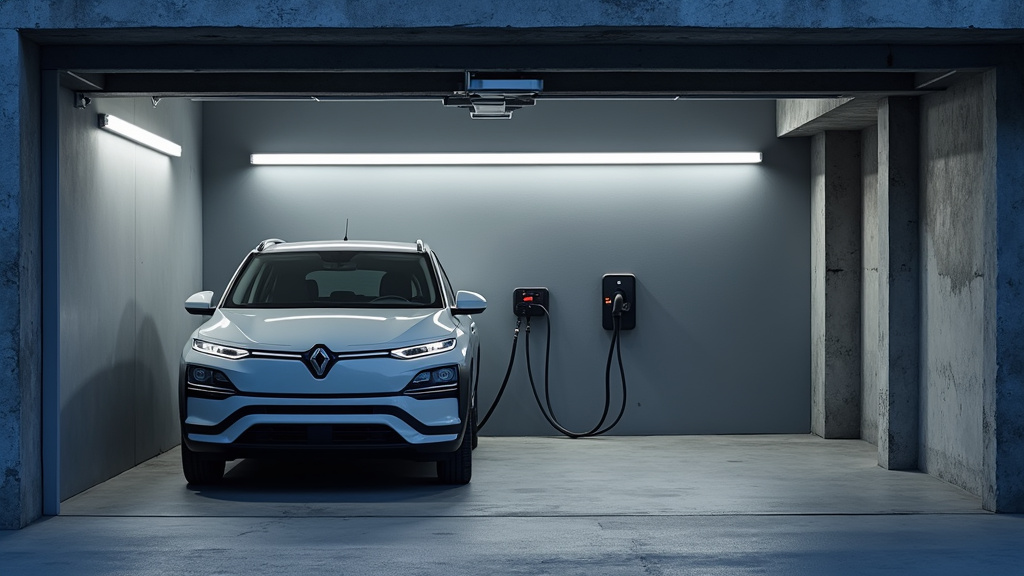 Borne électrique installée dans un garage à Bernwiller, connectée à une voiture électrique en charge, éclairage doux