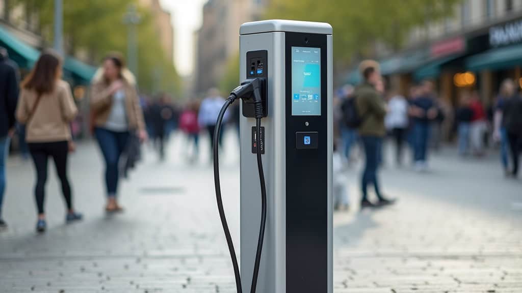 Borne publique de recharge électrique située sur la Place de la République à Saint-Clar, avec deux prises type 2 et un écran d