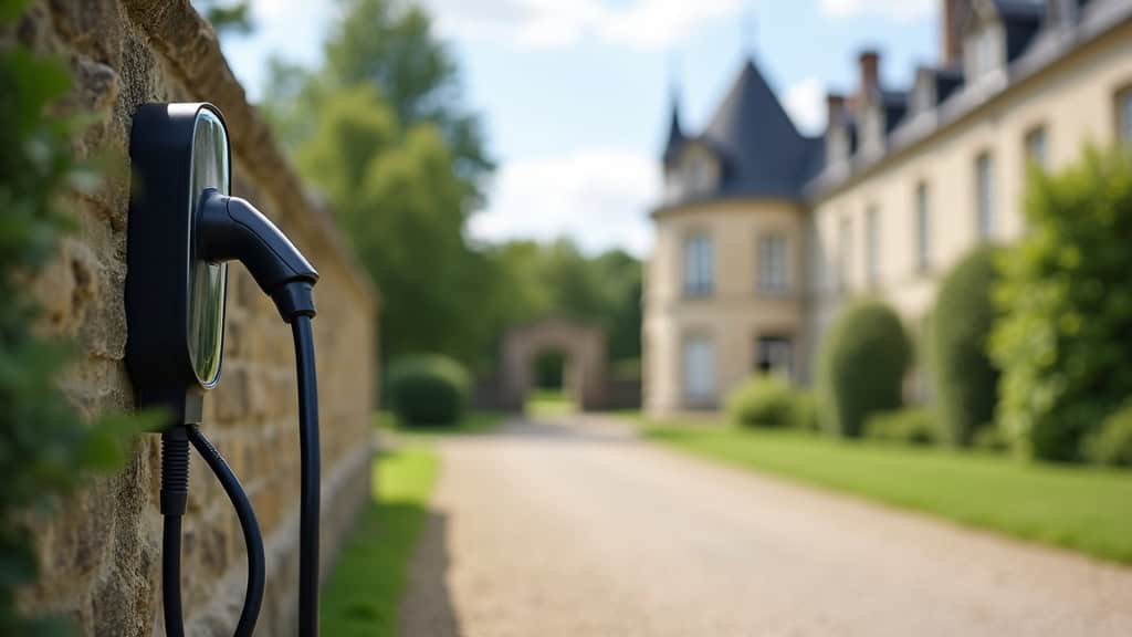 Câble de recharge électrique protégé par une gaine rigide, posé sur un trottoir à Le Lude près du château