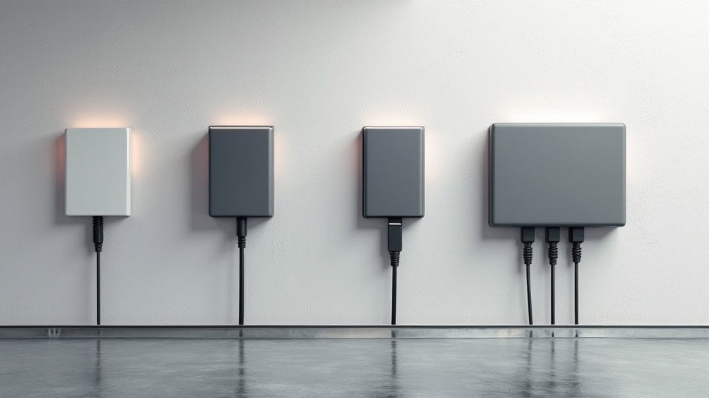 Comparaison visuelle de trois types de bornes de recharge : prise renforcée, wallbox standard et borne rapide, posées sur un mur de garage à Montanay