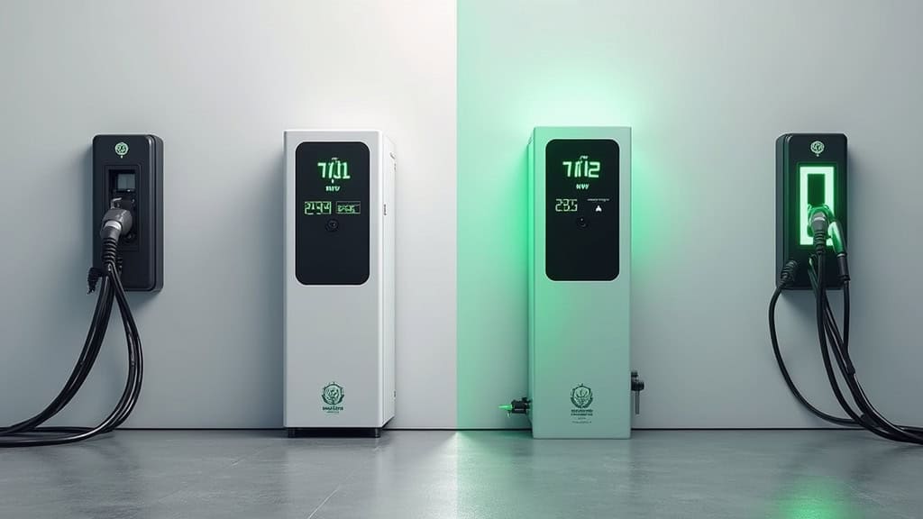 Comparaison visuelle entre une borne de recharge 7 kW et une borne 11 kW côté à côté, avec indicateurs de puissance et temps de charge