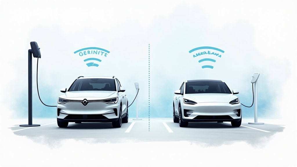 Comparaison visuelle entre une borne monophasée et une borne triphasée pour voiture électrique