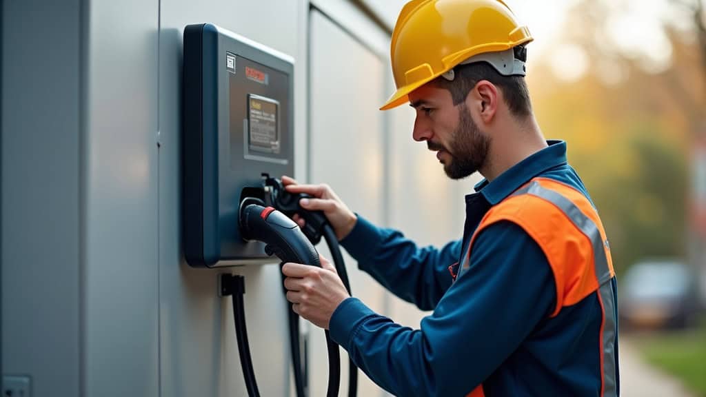 Électricien en train d’installer une borne de recharge à Saint-Siméon-de-Bressieux