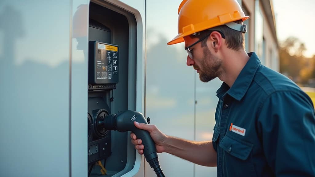 Électricien en train d’installer une borne de recharge à Soucy