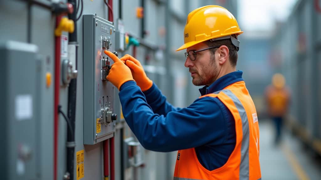 Électricien qualifié IRVE en train de travailler sur une borne électrique à Rouillon