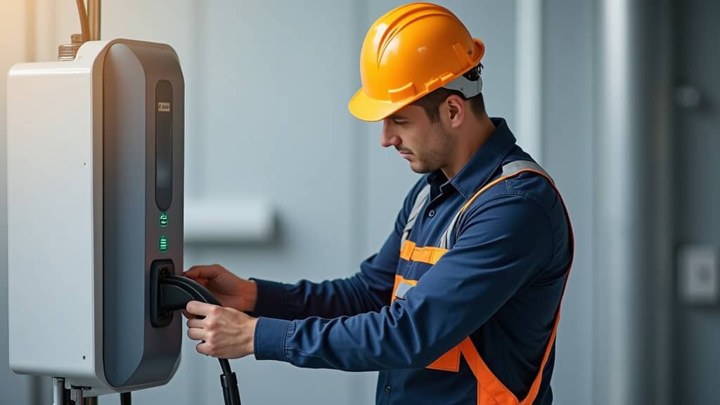 Installateur en train de fixer une borne de recharge électrique à Chaneins