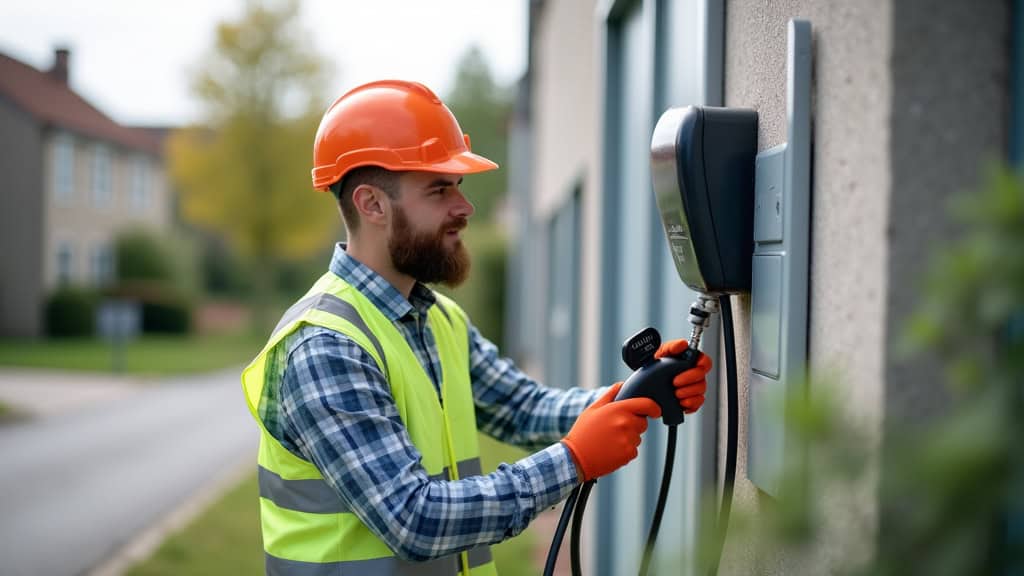 Installateur IRVE en train de poser une borne de recharge électrique à Longeville-lès-Saint-Avold