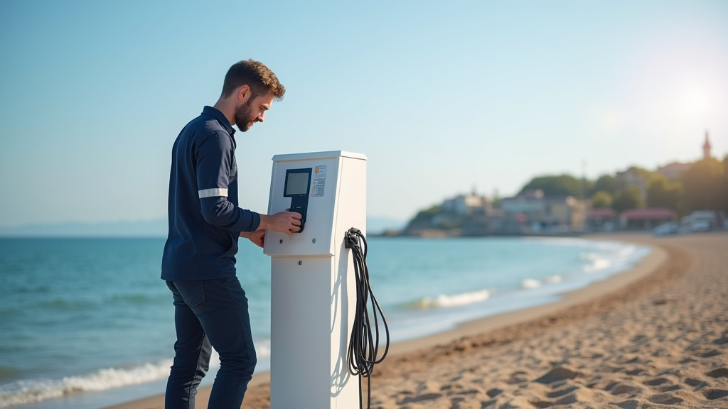 Technicien certifié IRVE testant une borne de recharge à Fort-Mahon-Plage