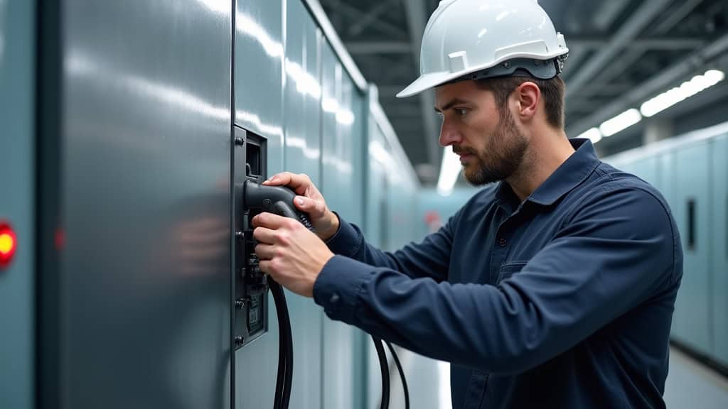 Technicien effectuant une vérification de maintenance sur une borne de recharge à Couzeix