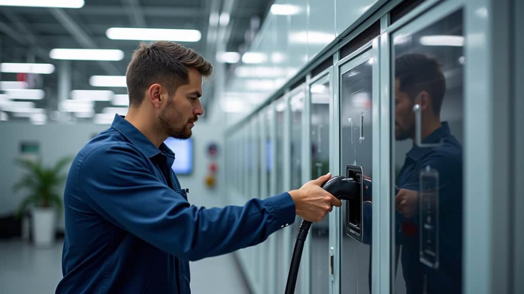 Technicien effectuant une vérification de maintenance sur une borne de recharge