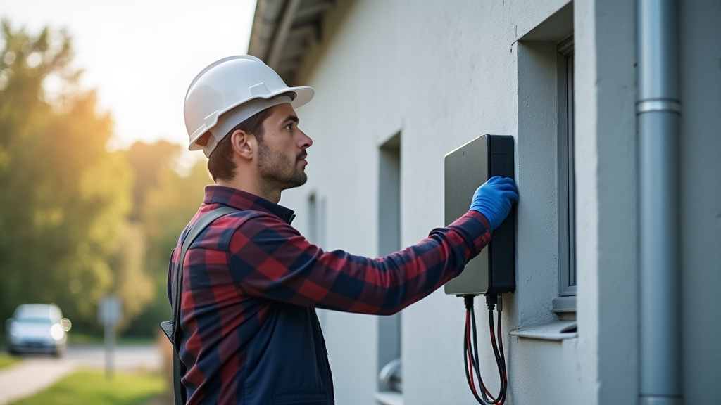 Technicien électricien en train de fixer une borne de recharge sur un mur extérieur à Virieu-le-Grand
