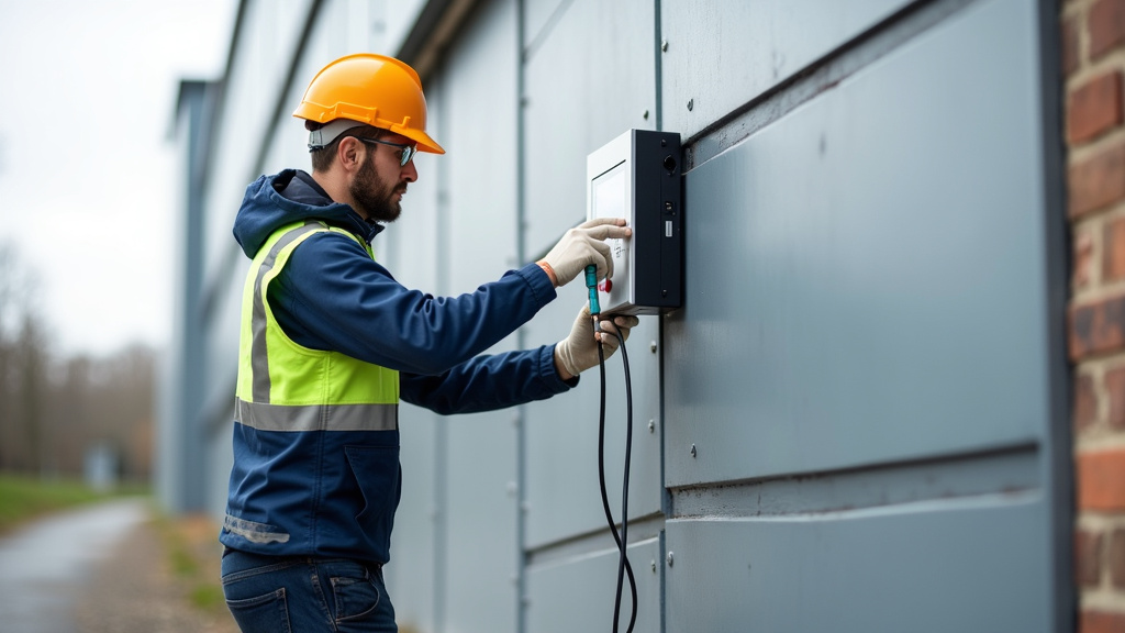 Technicien en train de fixer une borne de recharge sur un mur extérieur à Pontarlier