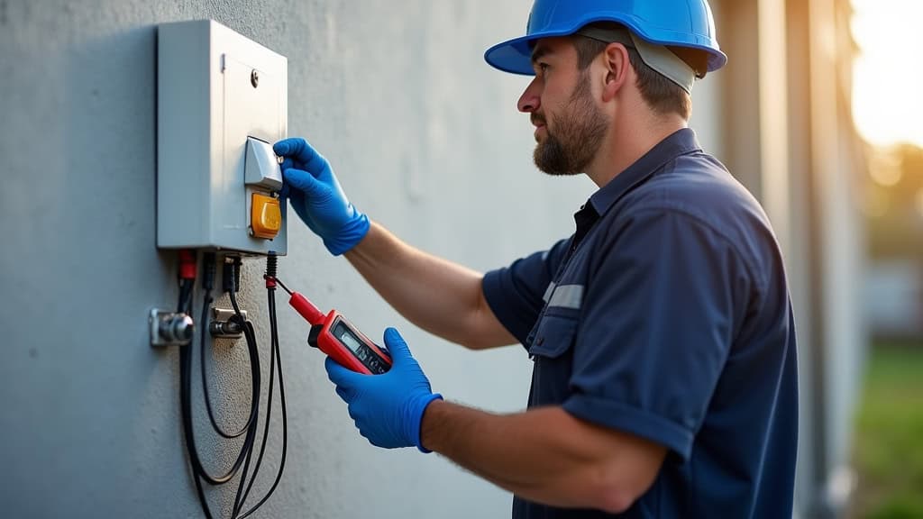 Technicien en train de vérifier la borne de recharge électrique installée sur un mur à Montanay, avec un multimètre et un outil de contrôle