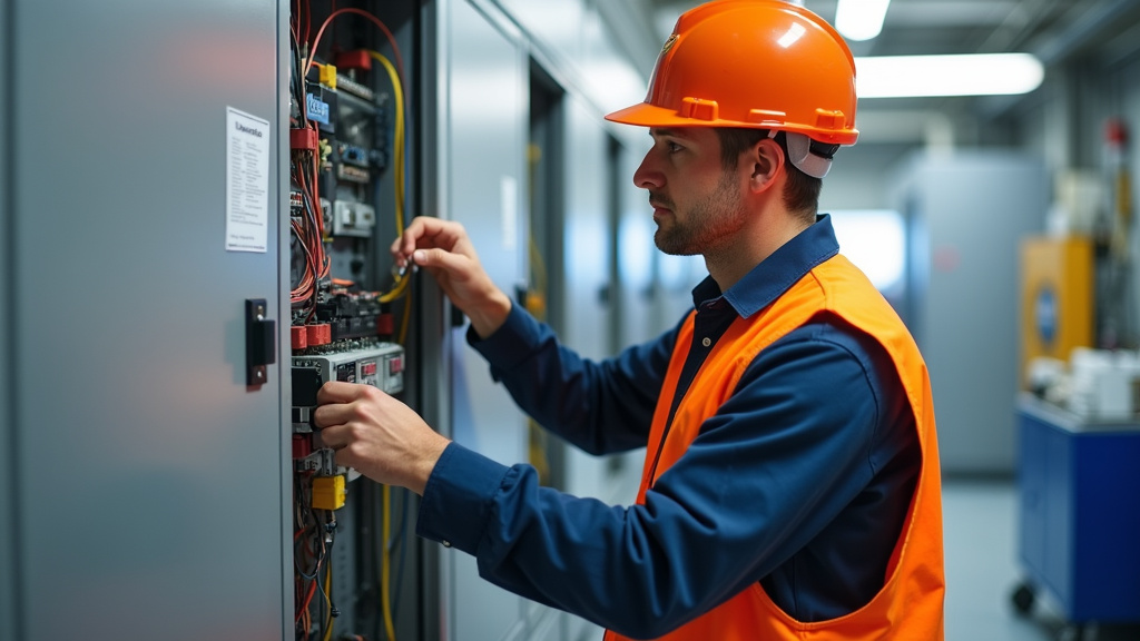 Technicien en train de vérifier le tableau électrique pour l