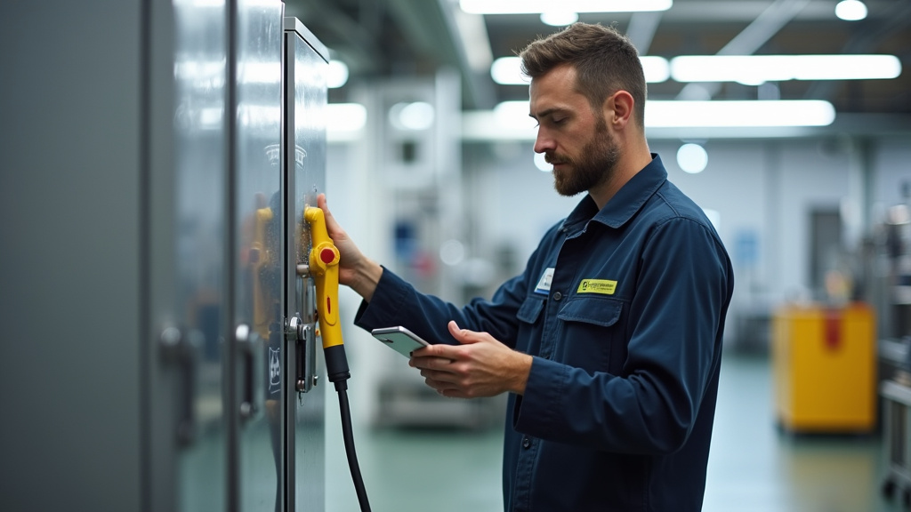 Technicien en train de vérifier une borne de recharge à Saint-Aupre