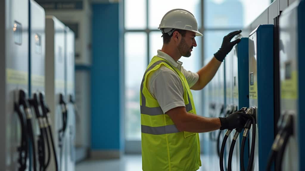 Technicien en train de vérifier une borne de recharge électrique à La Possonnière
