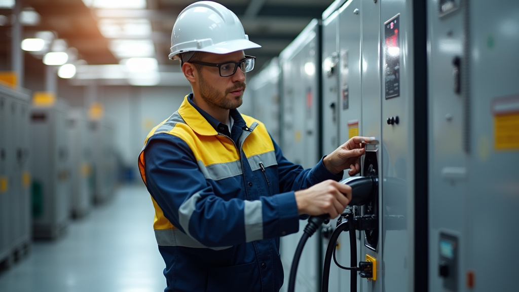 Technicien en train de vérifier une borne de recharge électrique à Yenne