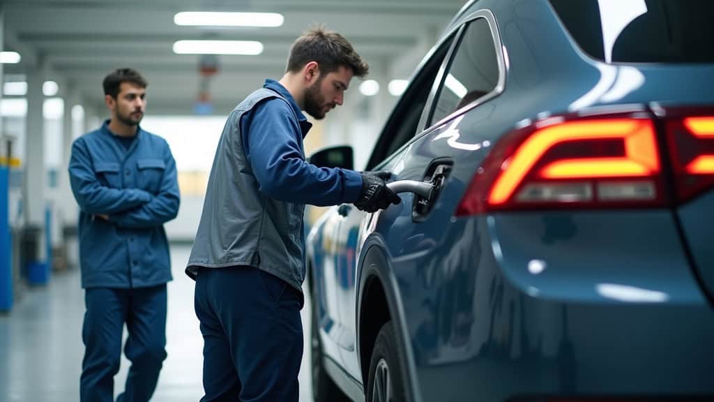 Technicien en train de vérifier une borne de recharge électrique