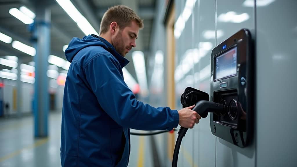 Technicien en train de vérifier une borne de recharge électrique