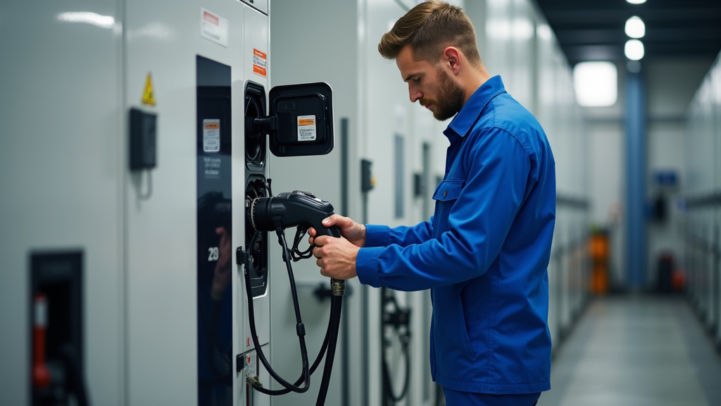 Technicien en train de vérifier une borne de recharge électrique